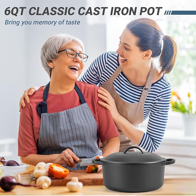 6 QT Basics Cast Iron Dutch Oven Pot with Lid and Dual Handles, Oven Safe up to 500°F Large Cooking Pan,Bread Oven