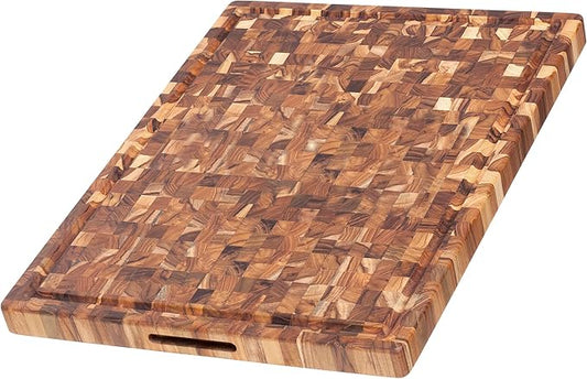 Teakhaus Butcher Block Carving Board - Extra Large Reversible Wooden Cutting Board with Juice Groove and Grip Handles - Teak End Grain Wood - Knife Friendly - FSC Certified