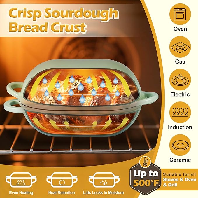 Homikit Enameled Cast Iron Dutch Oven for Bread Baking, 2.8 QT Oval Bread Oven Pot with Lid, 9.5 x 5.7 Inch Sourdough Loaf Baking Pan for Homemade Bread, Heavy Duty & Oven Safe, Pistachio Green