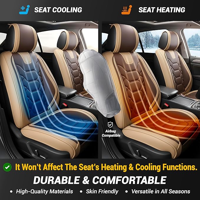OASIS AUTO Car Seat Covers Front Seats, Sporty Honeycomb Waterproof Faux Leather Protectors, Universal Fit for SUV, Sedan, Truck Interior Accessories (OS-004 Coffee)