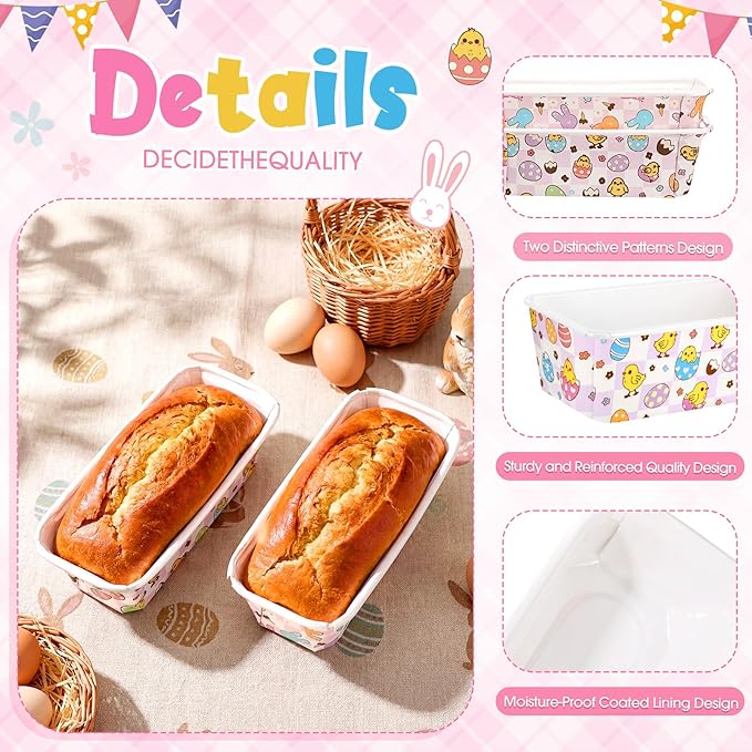 Honeydak 100 Sets Easter Paper Baking Pans Bulk Paper Loaf Pans for Baking 6.3 x 2.2 x 2.2 in Spring Disposable Serving Tray Bunny Chick Egg Patterns Party Supplies (Easter)