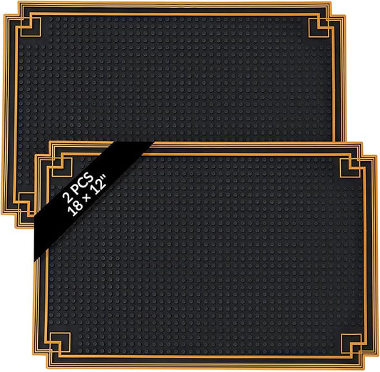 2 Pcs 18 x 12 Inch Bar Mat Non Slip Rubber Mat with Gold Border Durable Stylish Spill Cocktail Service Coffee Mats for Restaurants Barbershop Clippers Bartending, Black