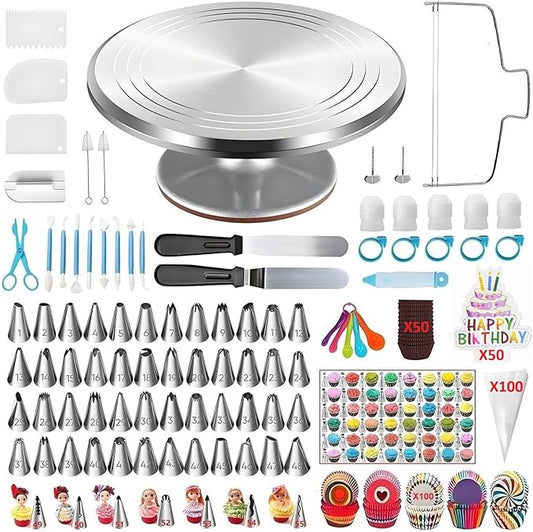 393 Pcs Cake Decorating Kit,with Aluminium Cake Turntable,Leveler,55 Numbered Icing+Skirt Tips,2 Spatulas,3 Scrapers,5 Coupler,100 Pastry Bags,150 Paper Cupcake Liners & More Baking Tools