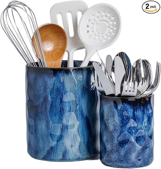 Utensil Holder, 7.25"+5.25" Ceramic Kitchen Utensil Holder for Countertop, Large Cooking Utensil Crocks Gift for Mother's Day, Home Kitchen Decor, Parties,Set of 2, Royal Blue