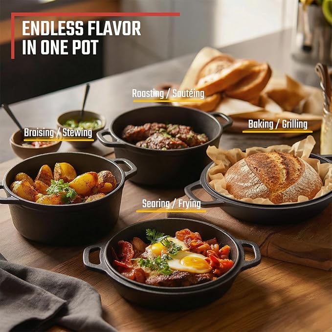 Overmont 2-in-1 Cast Iron Dutch Oven - 7QT Pre-Seasoned All-in-One Casserole Braising Pan with Skillet Lid Cookbook & Silicone Handle Covers - Heavy Duty Oven-Safe Pot for Bread Baking Frying Camping