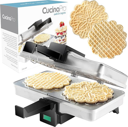 Pizzelle Maker- Polished Electric Baker Press Makes Two 5-Inch Cookies at Once, Even Heating Plates- Must Have Party Baking Supplies - Italian Easter Dessert Treat Making w Recipe Guide- Gift for Her