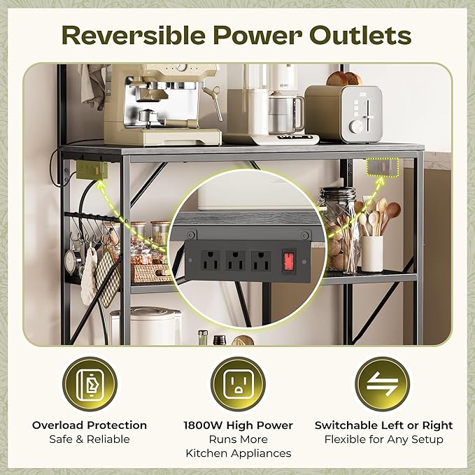 Huuger 4-Tier Bakers Rack with Reversible Power Outlet, 31.5 Inch Microwave Stand, Kitchen Coffee Bar, with Top Shelf, 6 S Hooks, Grey