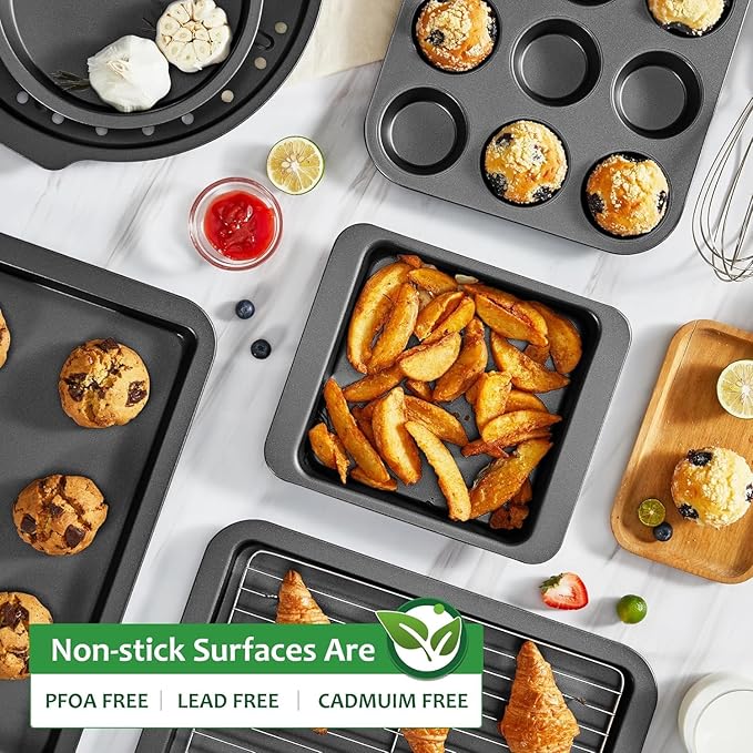 HONGBAKE Bakeware Sets, Baking Pans Set with Reusable Silicone Sheet Trays Dividers, Nonstick Oven Pan with Wider Grips, 14-Piece Including Rack, Cookie Sheet, Cake, Loaf, Muffin, Pizza Pan