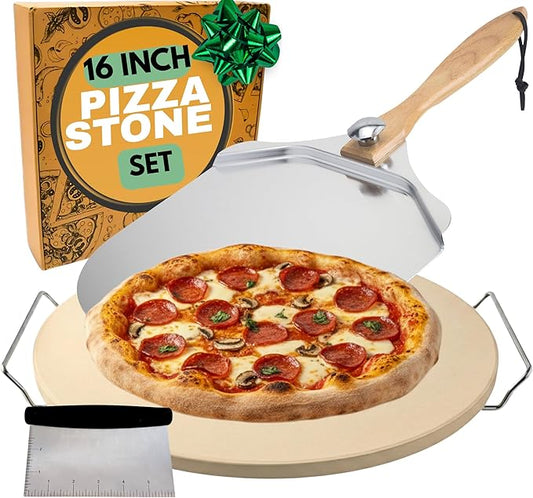 Round Pizza Stone for Oven 16 inch - Large Pizza Stone for Grill with Handles, Metal Pizza Peel & Steel Dough Cutter Tool - Baking Stone for Bread - Oven Stones - Pizza Making Set