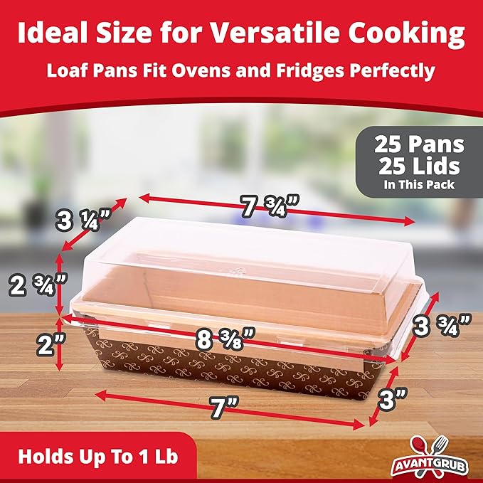 Chef-Grade 1Lb Paper Loaf Pans w/Lids 25 Pk. Elegant Disposable Bakeable Kraft Pan Supplies for Baking Bread, Small Meatloaf, Bundt Cake, Sweets for Holiday Gifts Bake Sales or Fundraiser.