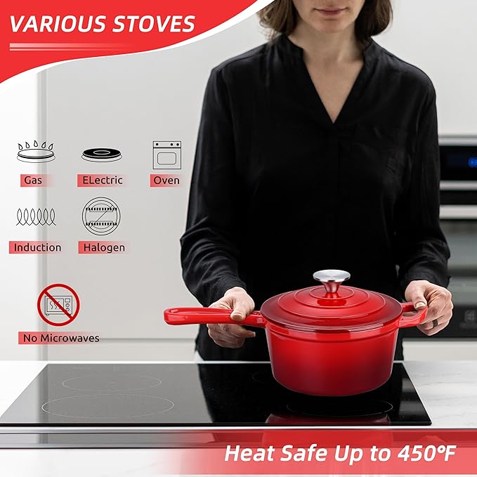 HaSteeL 3 QT Cast Iron Saucepan, Enamel dutch oven with lid, Small Non Stick Pan for Milk, Pasta Tomato Sauce, Butter, Breakfast, Soup, Suitable for Boiling Stewing Frying, Easy to Clean, Red