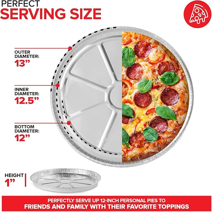 Stock Your Home 12 Inch Aluminum Pizza Pans Disposable (50 Pack) Round Foil Focaccia Pan for Individual Personal Pizzas, Giant Size Chocolate Chip Cookie Cake Tin, Large Serving Trays, Platter Tray