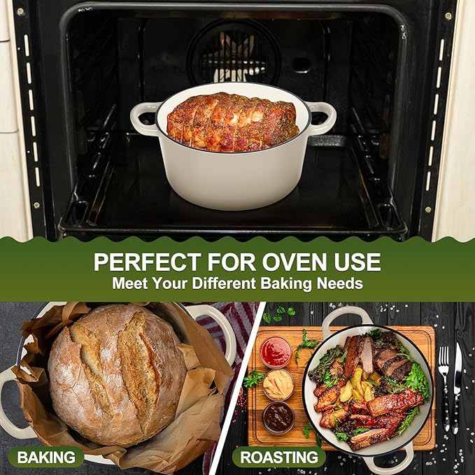 P&P CHEF 5QT Enameled Dutch Oven, Cast Iron Dutch Oven Pot with Lid for Bread Baking, Enameled Casserole Pot for Roasting Braising Stewing Frying Simmering, Various Stoves & Easy Clean, Khaki