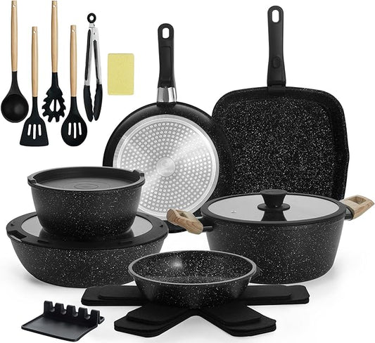 23pcs Ceramic Pots and Pans Set, Nonstick Detachable Handle Cookware, Induction Kitchen Cooking Set with Removable Handle,include Frying Pans & Saucepans Oven Safe (Black)