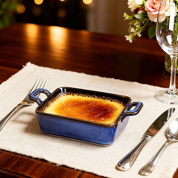 Creme Brulee Ramekins, Chef’s Tools Crème Brûlée Ramekin Set, 10 oz Mini Porcelain Souffle Dish, Oven Safe Ramekins with Handle, for Baking, Dessert, Butter, sauces, dipping, food prep, Blue