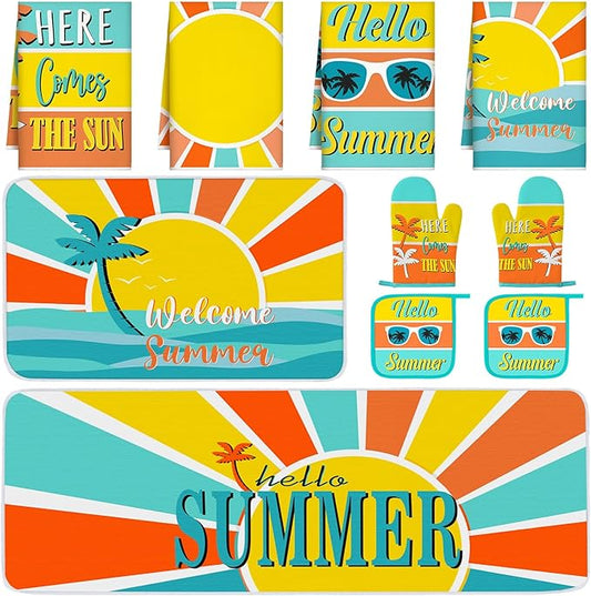 10 Pcs Hello Summer Kitchen Decor and Accessories Sunshine Beach Oven Mitts and Pot Holders Set Sunglass Dish Towels Boho Kitchen Decor Palm Gloves for Baking Cooking Grilling BBQ Women Gift