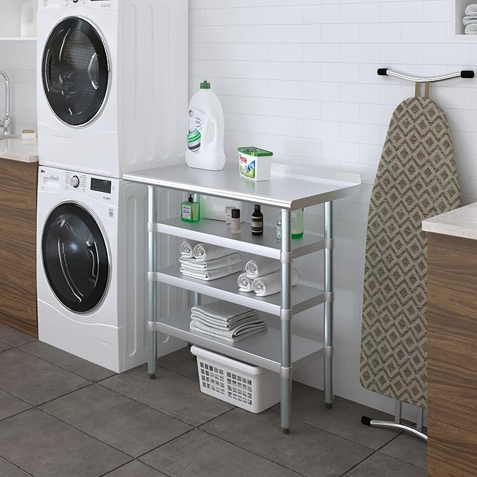 AmGood Stainless Steel Work Table with 1.5" Backsplash and 3 Shelves | Metal Kitchen Food Prep Table | NSF (36" Long x 18" Deep)