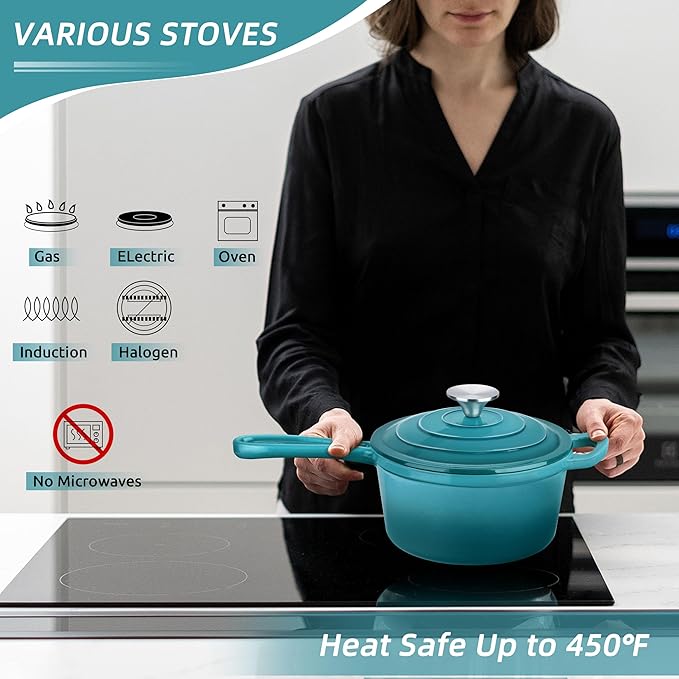 HaSteeL 3 QT Cast Iron Saucepan, Enamel dutch oven with lid, Small Non Stick Pan for Milk, Pasta Tomato Sauce, Butter, Breakfast, Soup, Suitable for Boiling Stewing Frying, Easy to Clean, Green