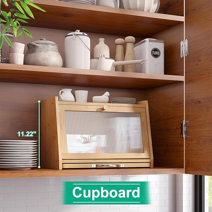 Bread Box with Cutting Board, Bamboo Bread Box for Kitchen Counter, Bread Storage Container with Wavy Arcylic Transparent Door (Natural)