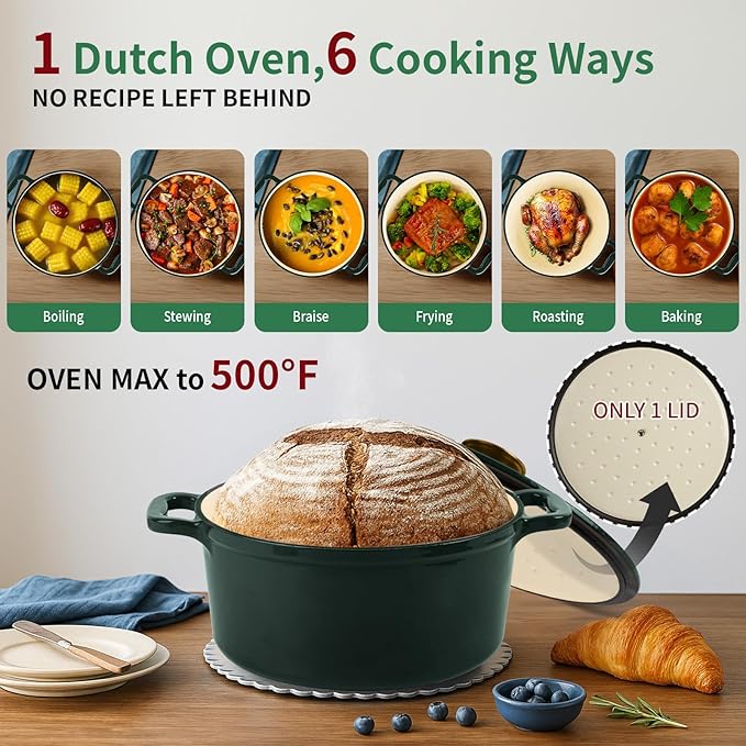 Enamel Cast Iron Dutch Oven with Lid,2.75QT Round Casserole Pot for Bread Baking, Braising,Roasting,Stews and Soups,Multipurpose Cookware,Oven Safe and Induction Compatible (2.75QT, Green)