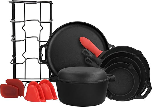 Megachef MegaChef 12 Piece Round PreSeasoned Cast Iron Cookware Set, Black and Red