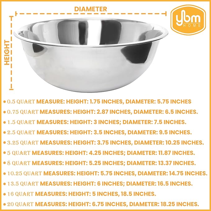 YBM HOME Pack of 1 Stainless Steel Mixing Bowl - Premium Polished Mirror Nesting Metal Bowl for Cooking and Serving, Stackable for Convenient Storage 1196 (16 Quart)