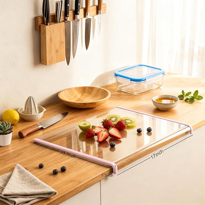 New & Improved Clear Tempered Glass Cutting Board for kitchen with Counter Lip, Large Cutting Board, Glass Chopping Board, Scratch-Resistant, Non-Slip (Pink)