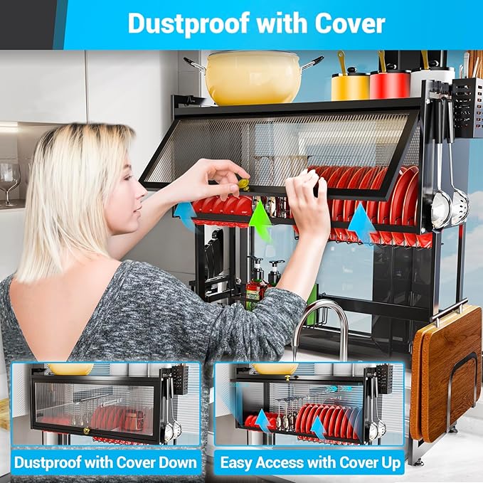Over The Sink Dish Drainer Drying Rack, 37.4 inch, Kitchen Supplies for Kitchen Counter Multiple Dishes Flatware & Utensil Holder, Black