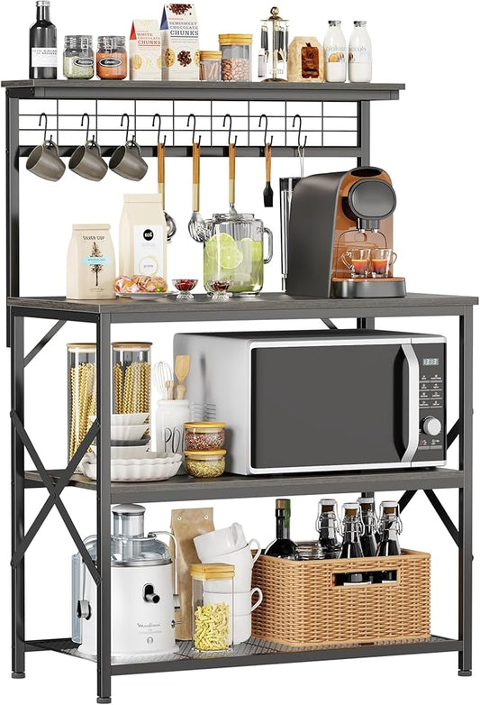 Furologee Kitchen Bakers Rack with Hutch,Coffee Stand with Storage 4 Tiers,Coffee Bar Station with a 31.5 Inch Larger Desktop and 8 S Hooks,Kitchen Microwave Rack for Spices,Pots,Rustic Brown