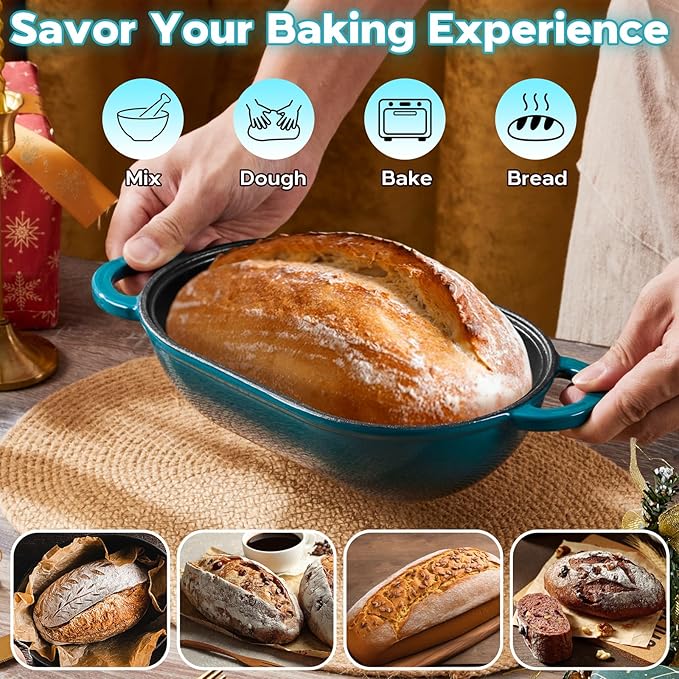 Onader Enameled Cast Iron Dutch Oven for Sourdough Bread Baking, 9x5-1/2 Inch Oval Cast Iron Bread Oven Pan with Lid, 2.8QT Meatloaf Pan, Heavy Duty - Dark Cyan
