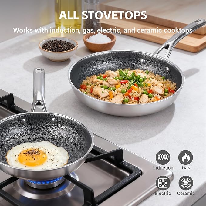 Ammeloo Tri-Ply Stainless Steel Frying Pan Set of 3, 8", 9.5", 11", Non Stick Frying Pans and Skillets, Non Toxic Hybrid Pan, Induction Compatible Cooking Pans, Chef Pan, Black Interior
