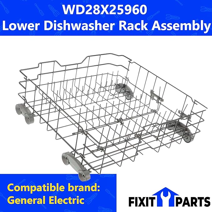 US-Based Supplier - WD28X34744 WD28X26099 Dishwasher Lower Dishrack Assembly Compatible with GE Dishwashers with WD28X10128 Dishwasher Silverware Basket