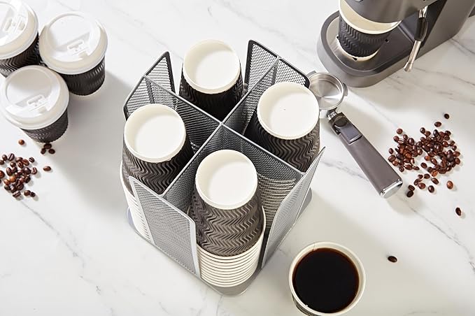 Annova Paper/Plastic Cup and Lid Holder Plastic Storage Organizer, 360°Rotating Coffee Mup Dispenser with 4 Compartments, Multifunctional Storage Rack for Home, Office, Bar, Coffee Shop (Silver)