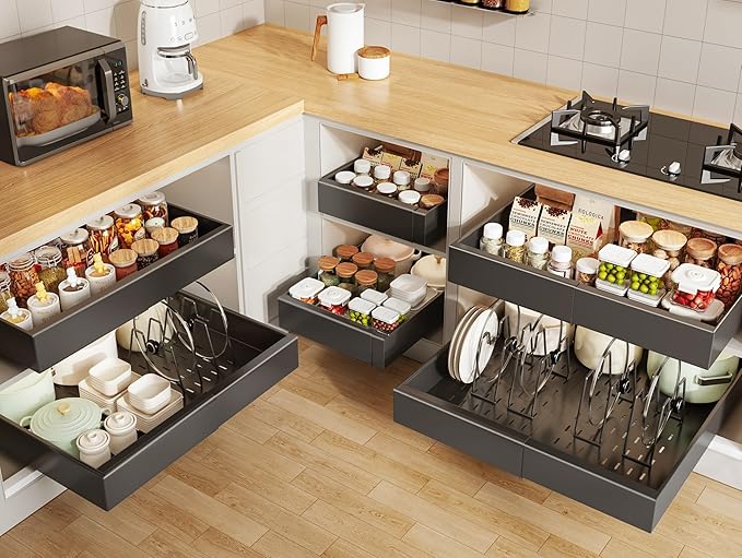 6 Pack Pull out Cabinet Organizer 21"Deep with Raising Pad for Framed Cabinets, Expandable Slide out Drawers for Kitchen Cabinets with 6pcs Divider Racks, Roll out Shelves 12.1"-20.4" W Black
