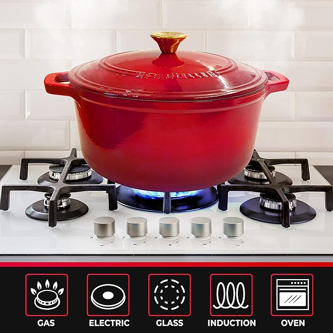 Mueller 6qt Enameled Cast Iron Dutch Oven, Heavy-Duty Casserole and Braiser Pan with Lid and Knob, Oven-Safe up to 500° F & Across All Cooktops, Red