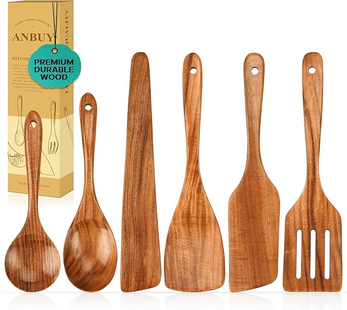 ANBUY Wooden Spoons for Cooking, 6Pcs Kitchen Utensils Set, Heat Resistant Flat Spatulas and Spoons Set for Nonstick Cookware, Smooth Finish, Comfortable Grip(6 Pcs)