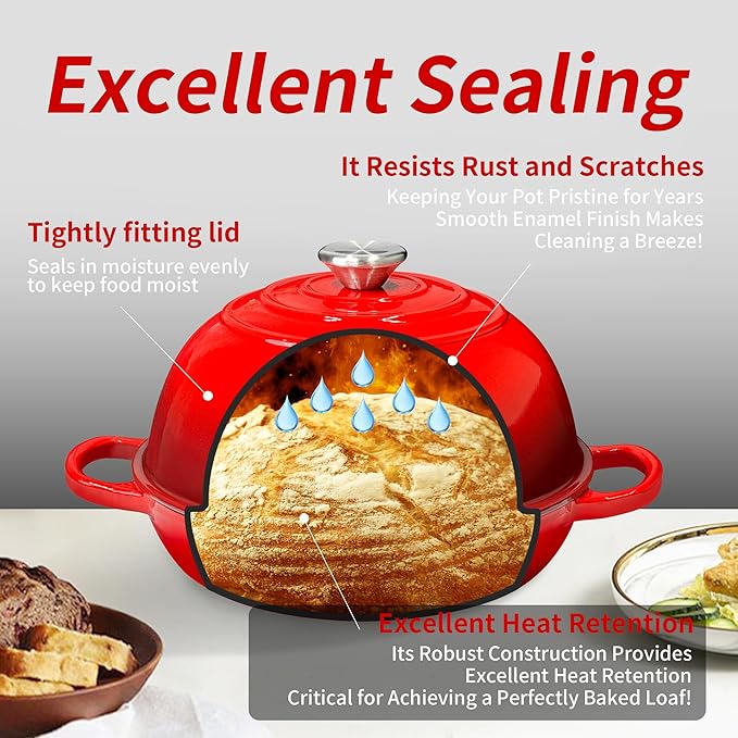 Bread Dutch Oven for Sourdough Bread Baking – Cast Iron Dutch Oven Pot with Lid, Enameled Bread Baker, 6 Quart/26cm Red
