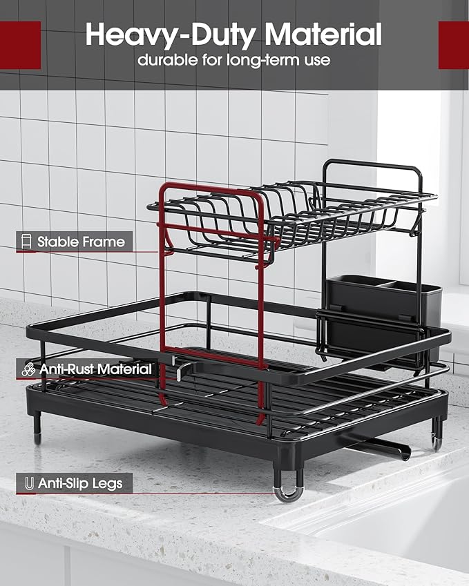 Dish Drying Rack - X-Large Stainless Steel Dish Rack for Kitchen Counter, 2-Tier Kitchen Organizers and Storage for Dishes, Bowls, Cutlery, Black