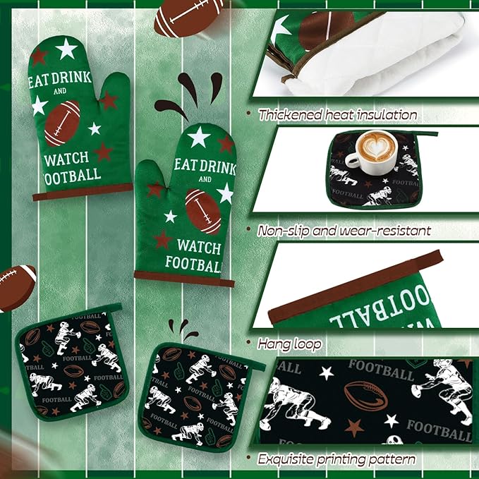 10 Pcs Football Kitchen Decor Oven Mitts and Pot Holders Sets Football Dish Towels Pot Holders Sports Kitchen Rugs and Mats for Women Reusable Cooking Grilling Accessories Mom Gift