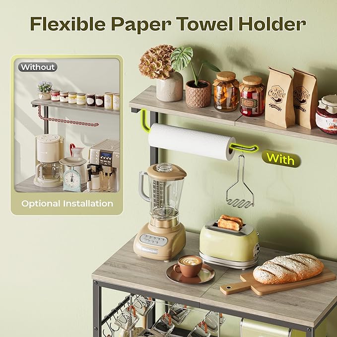 Huuger 4-Tier Bakers Rack with Reversible Power Outlet, 23.6 Inch Microwave Stand, Kitchen Coffee Bar, with Top Shelf, 6 S Hooks, Oak