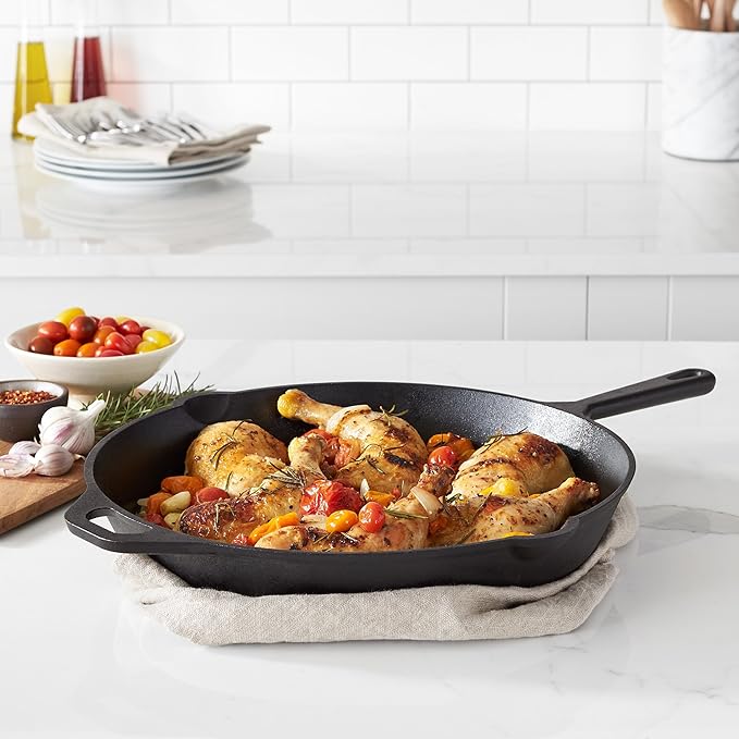 Amazon Basics Pre-Seasoned Cast Iron Skillet, Oven Safe, Even Heating, Heat Distribution, Stove Compatible, Heavy-Duty, 15-Inch, Black