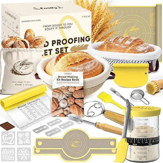 Sourdough Starter Kit with Cotton Rope Banneton Basket & Jar, Bread Baking Supplies and Tools Set, Complete Sourdough Bread Making Kit, Baking Gift for Women Moms & Beginners