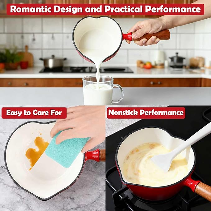 Mabeeze Heart-Shaped Enameled Cast Iron Saucepan with Lid – 1-Quart Red Small Sauce Pot for All Cooktops – Durable, Nonstick Cookware for Milk, Soup, Pasta Sauce – Ideal Gift