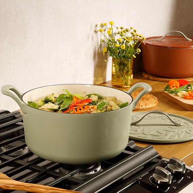 Bloomhouse - Two Time Oprah's Favorite Things Winner - 7 Qt Cast Iron Dutch Oven W/Embossed Lid, European Enamel, & Olive Wood Trivet - Matte Sage