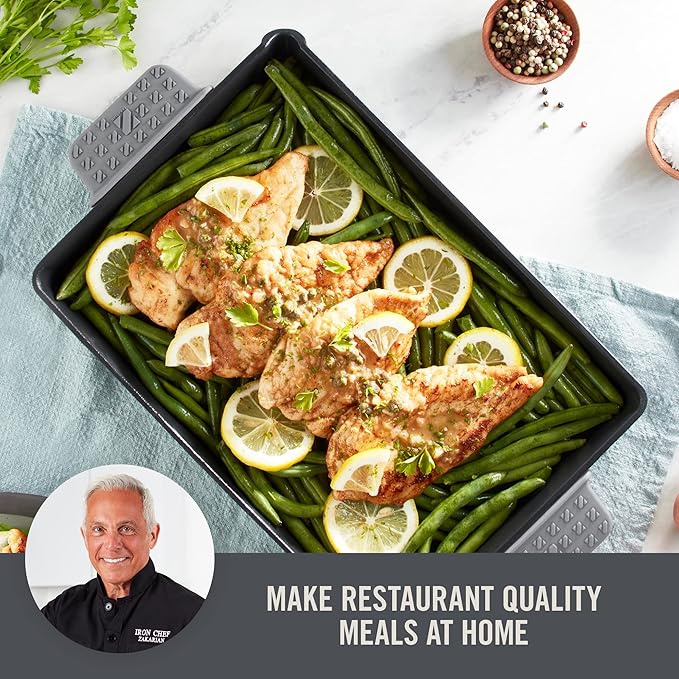 DASH Zakarian by Dash 9"x13" Nonstick Cast Iron Pan with Pour Spout and Removable Silicone Grips for Searing, Baking, Broiling, Grilling and more - Grey