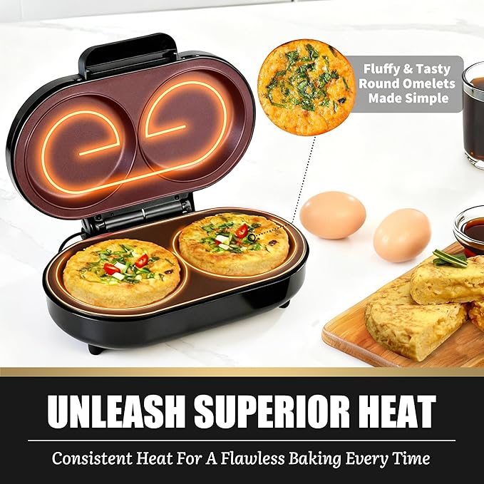 Omelette Maker Electric, Omelette Pan Nonstick, Dual Omelette Makers with 2 x 4.75” Round Grooves, Egg Bite Maker, Electric Double Egg Pan, Mini Pancake Maker, Breakfast Sandwich Maker, Black