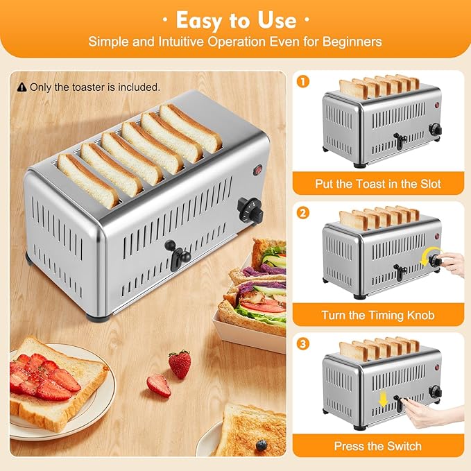 6 Slices Toaster, 1680W Commercial Bread Baking Machine with Timing Function Quantity Selector Button Widen Baking Slots and Voltage Lever Drawer Type Crumb Tray Electric Bread Toaster for Home Etc