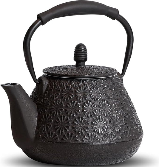 Cast Iron Teapot, 32oz Japanese Sakura Blossom Pattern Tea Kettle, Stovetop Safe, Infuser for Loose Leaf & Coffee, Silicone Handle, Enamel Interior, 950ml Black