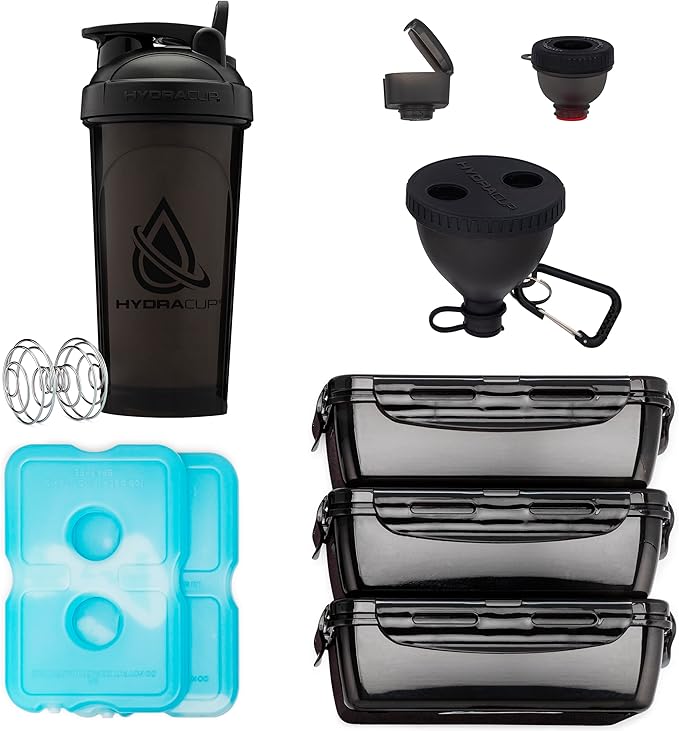 Hydra Cup Insulated Lunch Bag with Containers - Travel Meal Bag, Ice Packs, Shaker Bottle, Protein Funnels & Luggage Strap