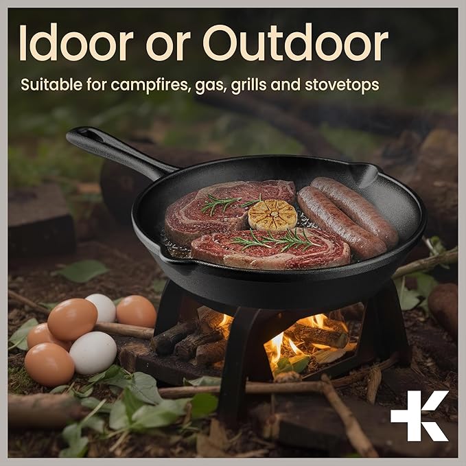 Bakken 10" Cast Iron Skillets, Pre-Seasoned Frying Pan with Even Heat Retention Cooking, Versatile for Stove, Oven, Grill & Campfire, Easy-Grip Handles, Hand Wash Only, 4.41 lbs